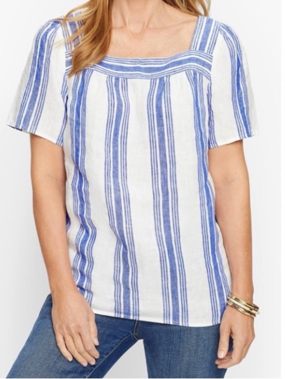 Talbots Striped Linen Blue Square Butterfly Sleeves Popover Blouse Size Medium
